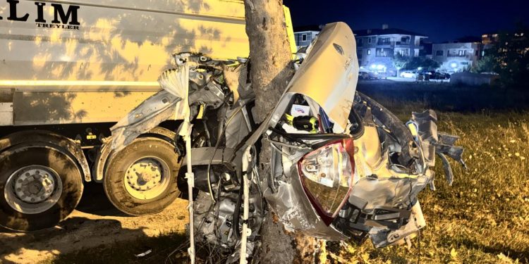 Sakarya’da ağaca çarpan otomobil ikiye ayrıldı