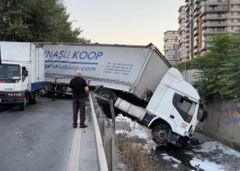 Halı yüklü tır dereye devrildi