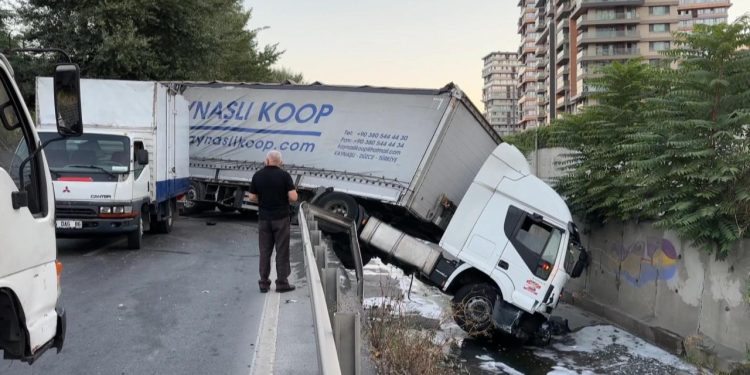 Halı yüklü tır dereye devrildi