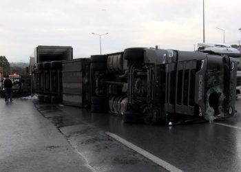 TEM Otoyolu’nda balık yüklü tır devrildi